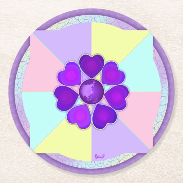 Pastel colours & purple hearts beating round paper coaster (Front)