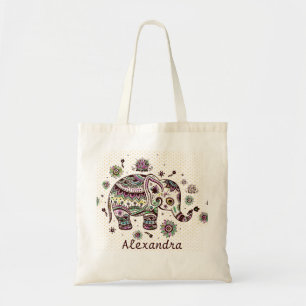 Pastel Colours Retro Flowers & Elephant Tote Bag