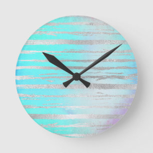 Pastel Colours Silver Detail Unicorn Rainbow Round Clock