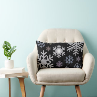 Pastel Colours Snowflakes on Black Background Lumbar Cushion