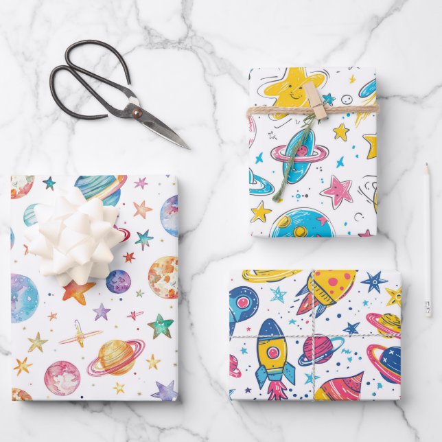 Pastel colours space planets on white background wrapping paper sheet (Front)