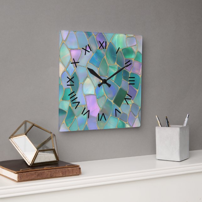 Pastel colours stained glass mosaic pattern square wall clock (Office)