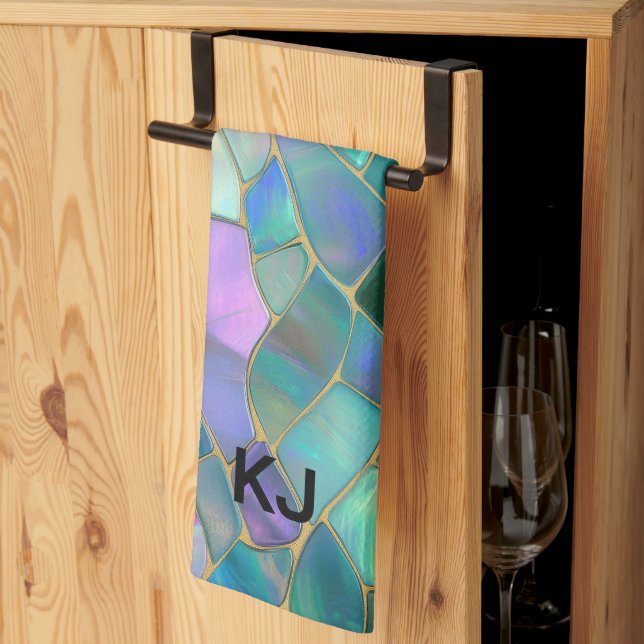 Pastel colours stained glass mosaic pattern tea towel (Thirds Fold)