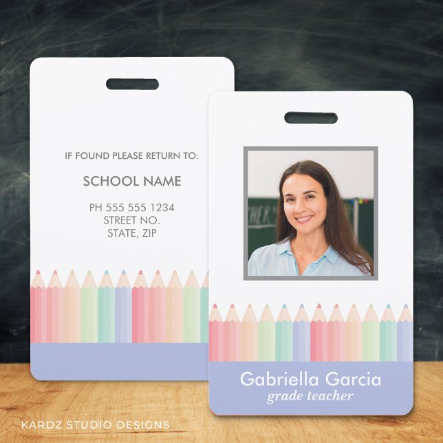 Pastel Colours Teacher School Staff Id Badge (Teacher name badge with picture, in blue and a colorful rainbow. School staff id badge)