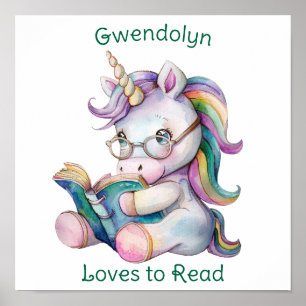 Pastel Colours Unicorn Reading Teal Text Poster