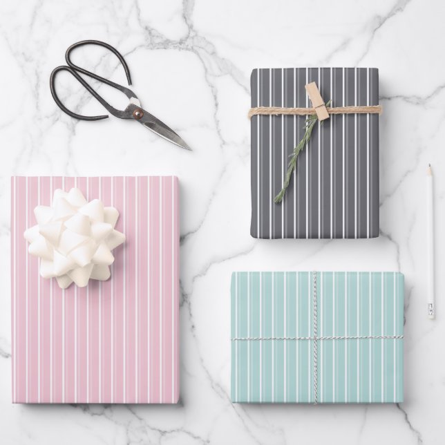 Pastel combination of Gray, Pink, Mint Stripes Wrapping Paper Sheet (Front)
