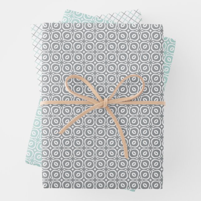 Pastel combination of Retro Gray, Mint, Geometric Wrapping Paper Sheet (In situ)