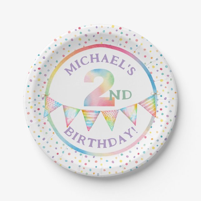 Pastel Confetti 2nd Birthday Party Plates (Front)