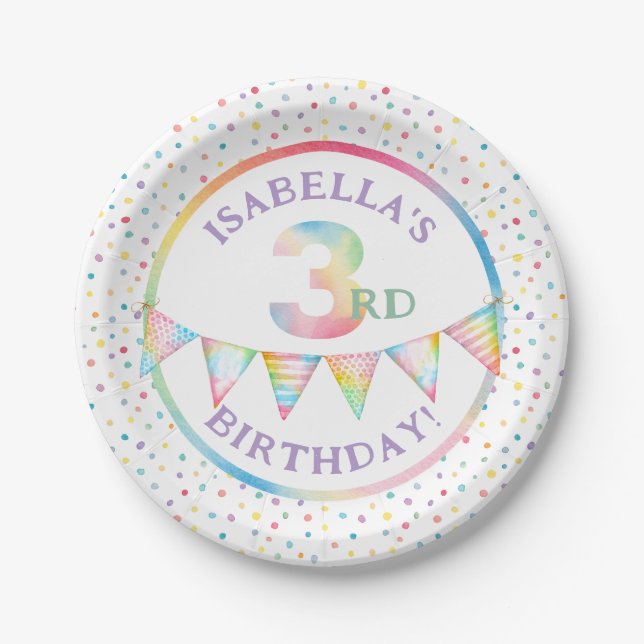 Pastel Confetti 3rd Birthday Party Plates (Front)