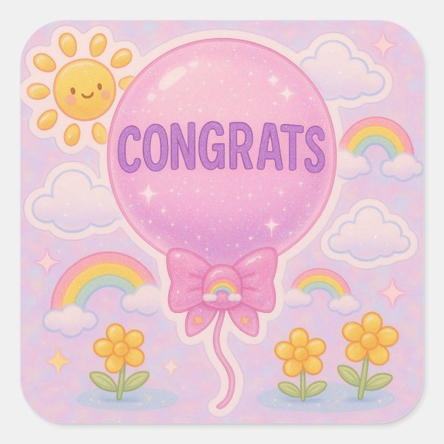 Pastel Congrats Balloon with Rainbow Bow  Square Sticker (Front)