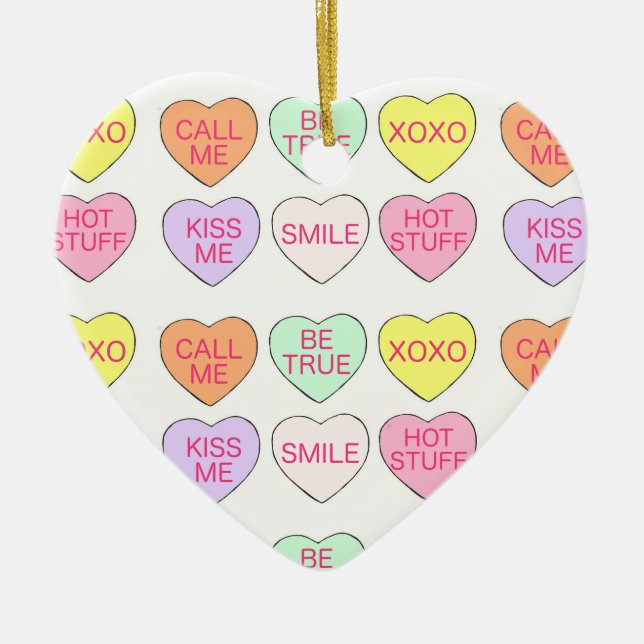 Pastel Conversation Candy Hearts Valentine's Day Ceramic Tree Decoration (Front)