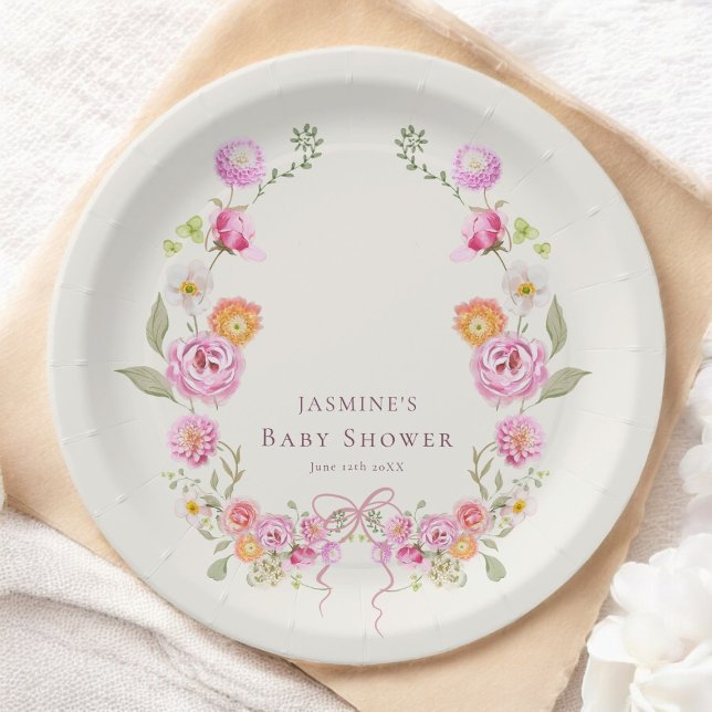 pastel coquette Floral Wreath Baby Shower  Paper Plate (Creator Uploaded)