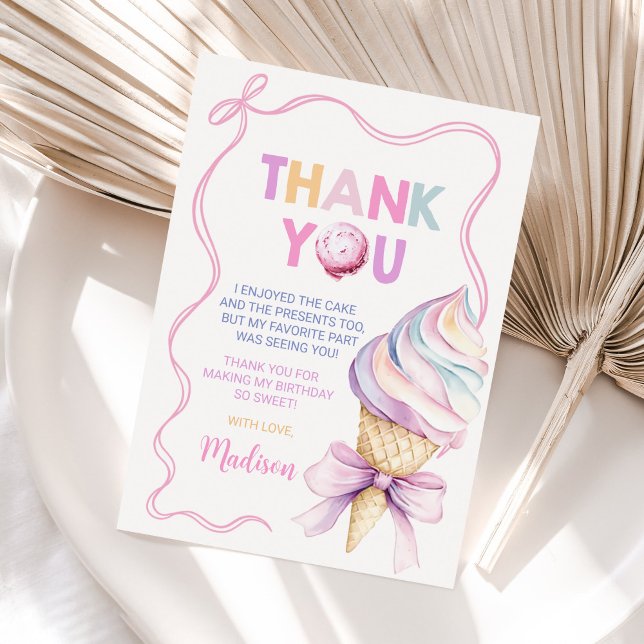 Pastel Coquette Ice Cream Girls Birthday Thank You Card (Creator Uploaded)