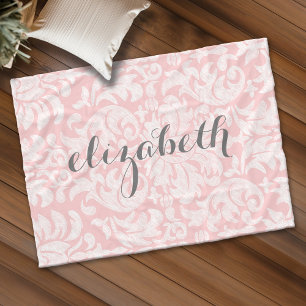 Pastel Coral and Grey Damask Script Name Fleece Blanket