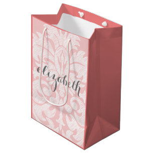Pastel Coral and Grey Damask Suite for Women Medium Gift Bag