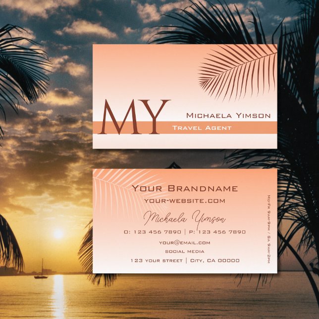 Pastel Coral Gradient Palm Leaf Monogram Simply Business Card (Creator Uploaded)