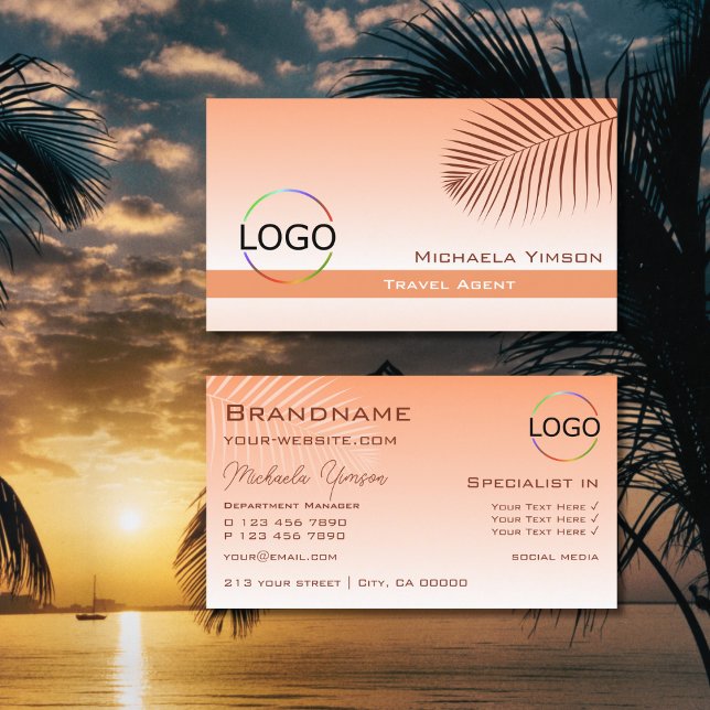Pastel Coral Gradient Palm Leaf with Logo Stylish Business Card (Creator Uploaded)