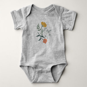 Pastel Coral Mustard Blue Illustrated Flowers Baby Bodysuit