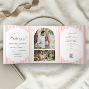 Pastel Coral Pink Striped Photo QR Code Wedding Tri-Fold Invitation