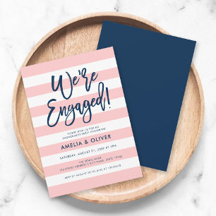 Pastel Coral Pink Stripes Blue Engagement Party Invitation