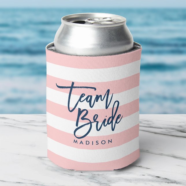 Pastel Coral Pink & White Stripes Blue Team Bride Can Cooler (Creator Uploaded)