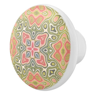 Pastel Coral Red Pink Green Yellow Tribal Pattern Ceramic Knob