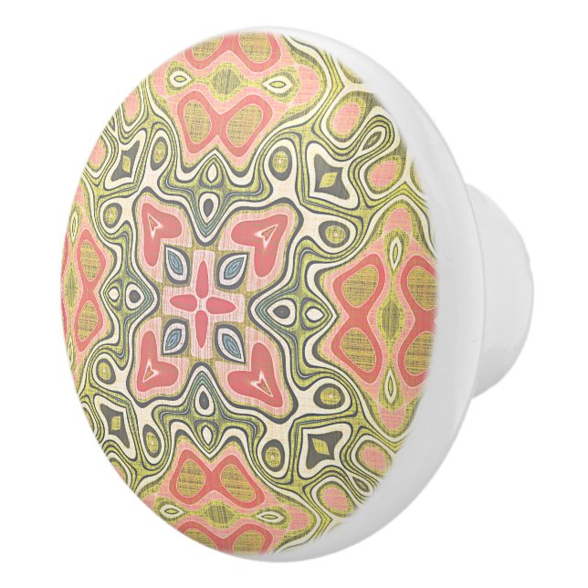 Pastel Coral Red Pink Green Yellow Tribal Pattern Ceramic Knob (Right)