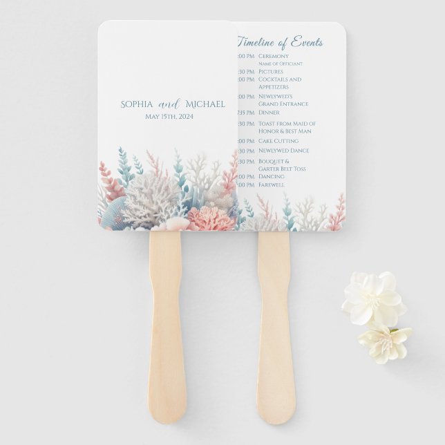 Pastel Coral Reef-Beach Wedding Program Hand Fan (Front and Back)
