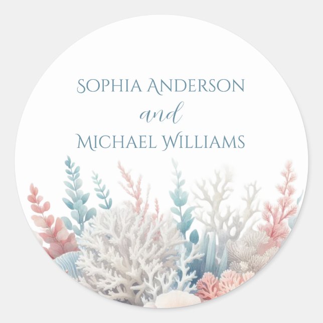 Pastel Coral Reef-Beach Wedding- Wedding Stickers (Front)