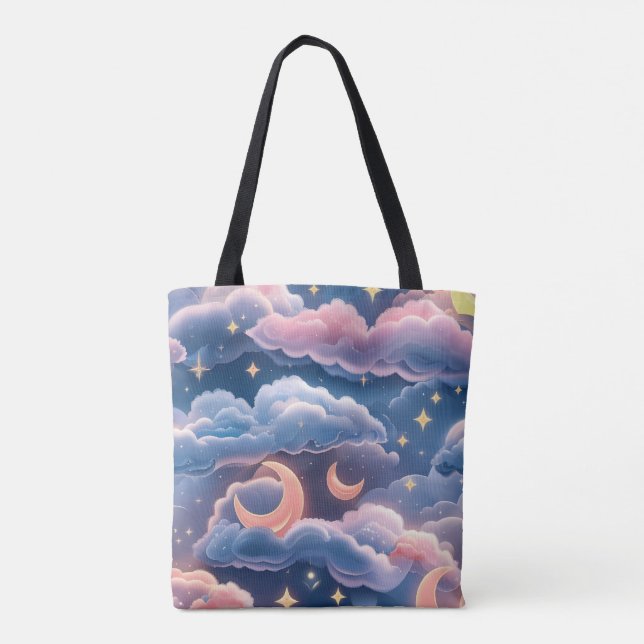 Pastel Coral Sky Blue Moon Coastal Aesthetic Tote Bag (Back)
