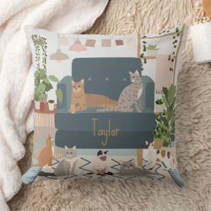 Pastel Cosy Cat Lounge and House Plants Cushion