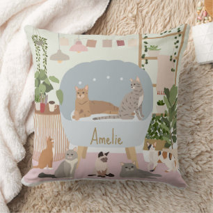 Pastel Cosy Cat Lounge House Plants Cushion
