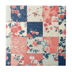 Pastel Cottage Floral Quilt in Indigo and Peach Tile