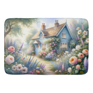 Pastel Cottage Garden Blue House Floral Scene Bath Mat