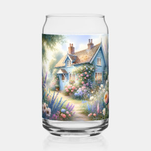 Pastel Cottage Garden Blue House Floral Scene Can Glass