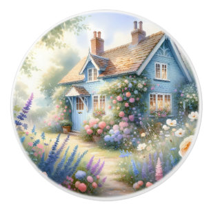 Pastel Cottage Garden Blue House Floral Scene Ceramic Knob