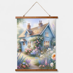 Pastel Cottage Garden Blue House Floral Scene Hanging Tapestry