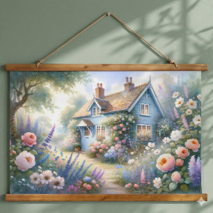 Pastel Cottage Garden Blue House Floral Scene Hanging Tapestry