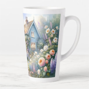 Pastel Cottage Garden Blue House Floral Scene Latte Mug