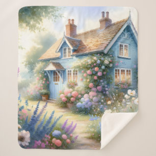 Pastel Cottage Garden Blue House Floral Scene Sherpa Blanket