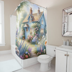 Pastel Cottage Garden Blue House Floral Scene Shower Curtain