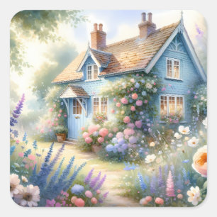 Pastel Cottage Garden Blue House Floral Scene Square Sticker