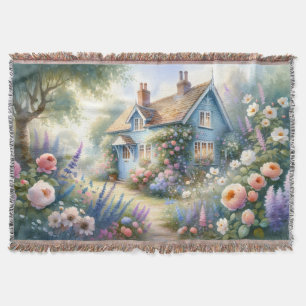 Pastel Cottage Garden Blue House Floral Scene Throw Blanket