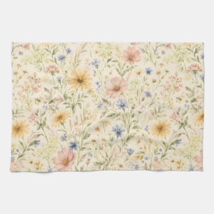 Pastel Cottage Wildflower Watercolor Tea Towel