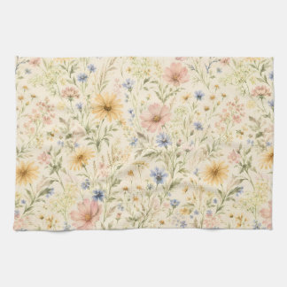 Pastel Cottage Wildflower Watercolor Tea Towel