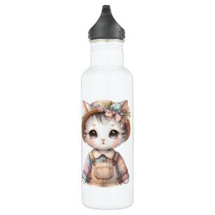 Pastel Cottagecore Cat in Overalls & Straw Hat 710 Ml Water Bottle