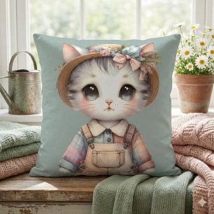 Pastel Cottagecore Cat in Overalls & Straw Hat Cushion