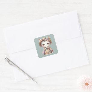 Pastel Cottagecore Cat in Overalls & Straw Hat Square Sticker