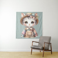 Pastel Cottagecore Cat in Overalls & Straw Hat