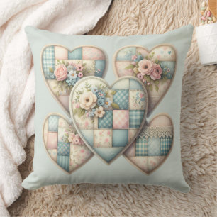 Pastel Cottagecore Patchwork Hearts Cushion